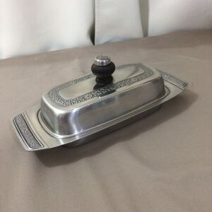 Vintage 1960s 18-8 Stainless Steel Butter Dish Wood Metal Knob Embossed Floral